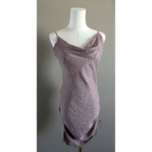 FORE Soft Purple Leopard Print Satin Cowl Neck Ruched Mini Dress Small